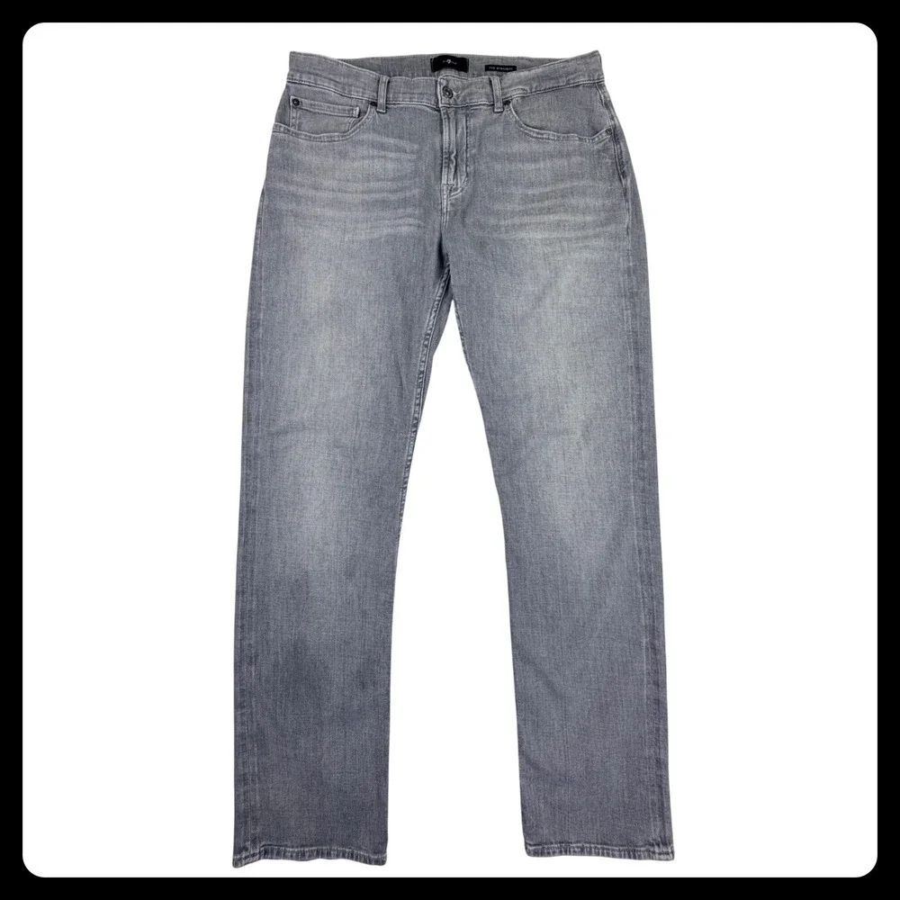 7 For All Mankind The Straight Jeans Men 36 Gray Cotton Blend Faded Whiskered